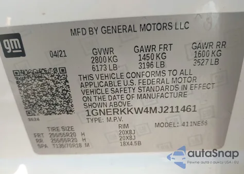 2021 Chevrolet Traverse Fwd Premier из США, поврежденный, VIN 1GNERKKW4MJ211461